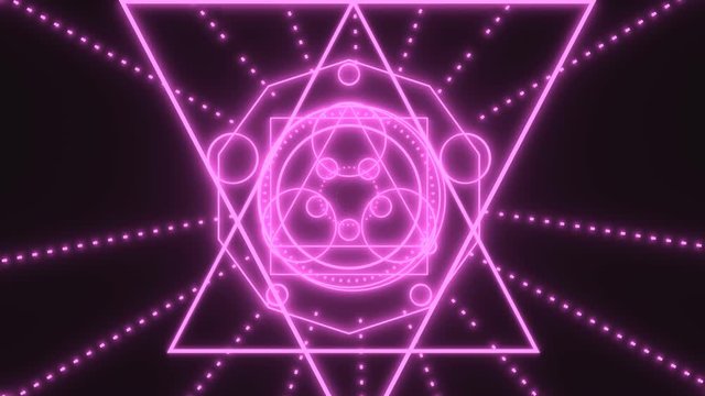 Animated mystery, witchcraft, occult and alchemy sign. Spin of the mystical vintage gothic geometry thin lines symbol. Neon shine illumination