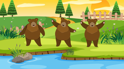 Scene with three bears in the park