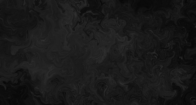 Abstract black background with marbled texture pattern in elegant fancy design, wavy swirls and curled marbled pattern in detailed painted black and white backdrop layout