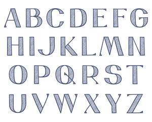 Wide decorative hand-drawn type. Capital Latin letters with hatching texture and outlines, single color.