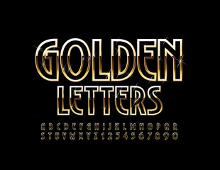 Vector Golden Alphabet Letters and Numbers with sparkling stars. Shiny glitter Font