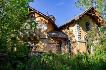 Fototapeta na wymiar Facade of the historic building of manor Turliki, built in 1899. Obninsk, Russia - summer 2015