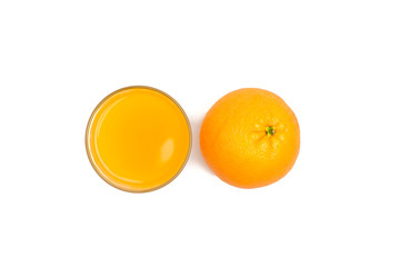 Flat lay high angle view of orange juice and fruit on white background.