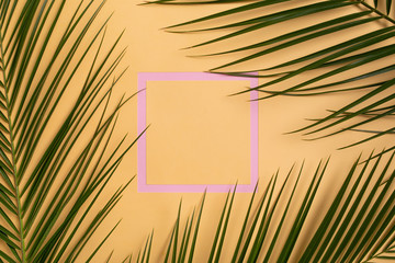 Summer travel concept. Tropical beach travel vacation concept. Abstract trendy yellow summer flat...