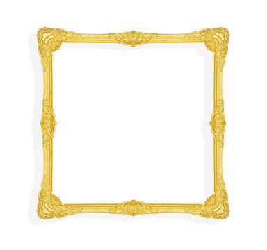 Gold Picture Frame With Square Shape Patterns Isolated On White Background , Clipping Path