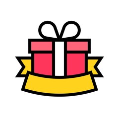 Gift box with ribbon label vector illustration, filled style icon