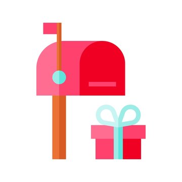 Postbox With Gift Box Vector Illustration, Flat Style Icon