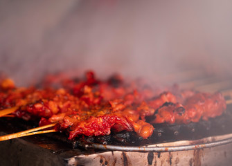 Grilled Pork Skewers on Charcoal Stove with Smoke Rising, Close-Up Street Food in Thailand