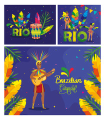 set poster of brazil carnival with decoration vector illustration design
