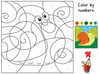 Funny little snail. Color by numbers. Coloring book. Educational puzzle game for children. Cartoon vector illustration Snail. Color by numbers. Coloring book