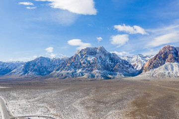 Aerial view of the winter snowy landscape of the famous Red Rock Canyon