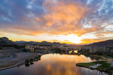 Sunset aerial view of the beautiful Lake Las Vegas area