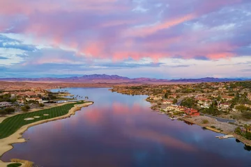 Foto auf Acrylglas Antireflex Sunset aerial view of the beautiful Lake Las Vegas area © Kit Leong