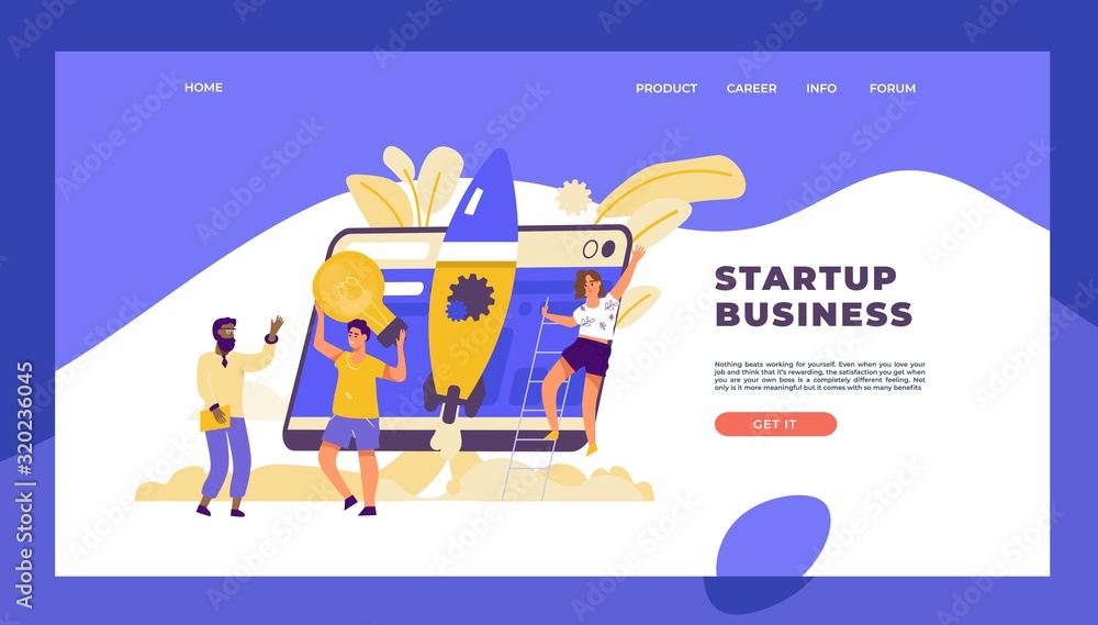 Poster Startup landing page. Business marketing template with cartoon characters, technology and innovation concept. Vector website mockup modern web technology in developer plan start up