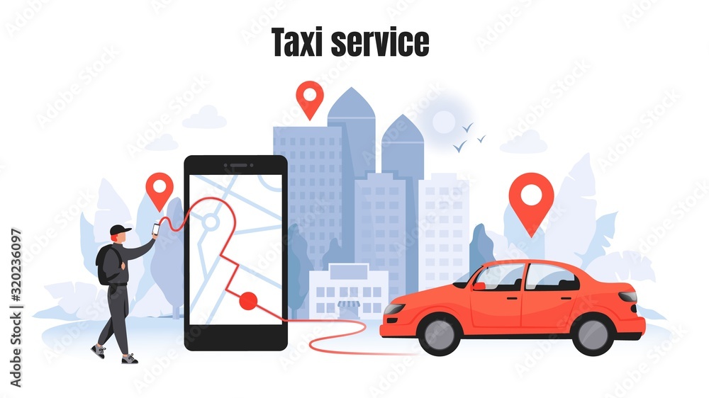 Poster taxi ordering. car rent and sharing concept with cartoon character, mobile application mockup. vecto