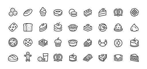 Bread line icons. Bakery and dessert with croissant muffin donut pizza sandwich cookies and cakes. Vector illustration sweet bakery linear symbols set on white - obrazy, fototapety, plakaty