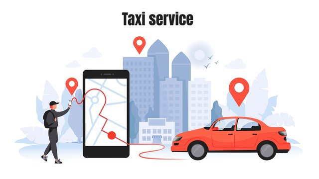Taxi ordering. Car rent and sharing concept with cartoon character, mobile application mockup. Vector delivery service vehicle illustrations template for using in navigational technology