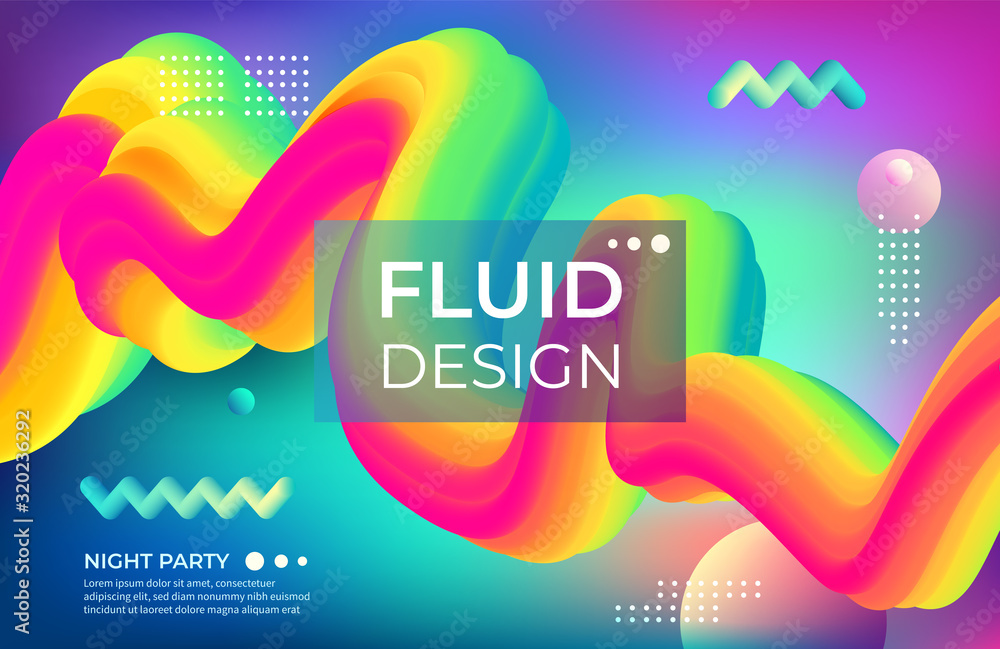 Poster Abstract color background. Fluid geometric shapes and bright colorful objects. Vector modern poster designing and club party banner with geometrical motion elements