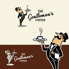 Vintage Cartoon of Classy Waiter Bringing Coffee Logo