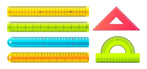 Ruler. Cartoon measuring tools with metric and inch marks, plastic geometry centimeter tape. Vector isolated set of ruler protractor and triangle, mathematics tool - obrazy, fototapety, plakaty