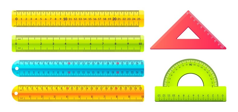 Ruler. Cartoon Measuring Tools With Metric And Inch Marks, Plastic Geometry Centimeter Tape. Vector Isolated Set Of Ruler Protractor And Triangle, Mathematics Tool