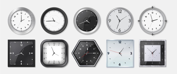 Realistic clock. Square and round metal and plastic office clocks with black and white dials and bezels. Vector wall watches with hour and minute arrows for business office on transparent background