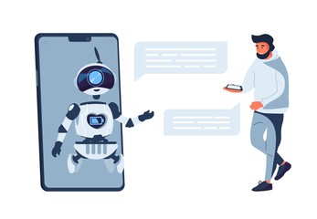 Chatbot concept. Chat bot customer support, artificial intelligence. Vector flat illustration online help service with smart assistant on smartphone screen