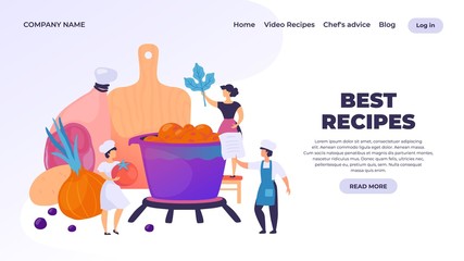 Cooking landing page. Professional chef cartoon character preparing dinner, restaurant culinary website. Vector cooking webpage or banner traditional cooking - Powered by Adobe