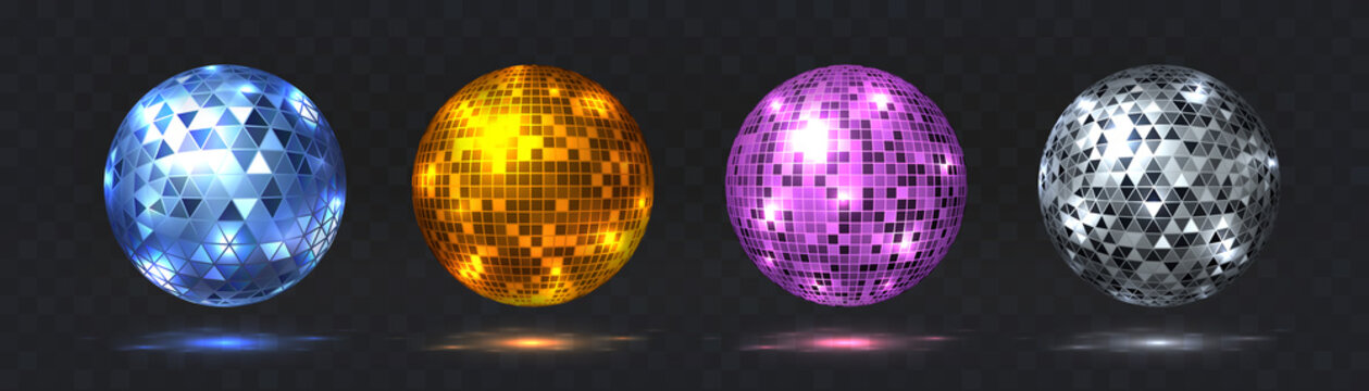 Disco balls. Night club party element with mirror surface, silver and golden dance club light effect. Vector retro futuristic technology 80s isolated glitter party spheres set