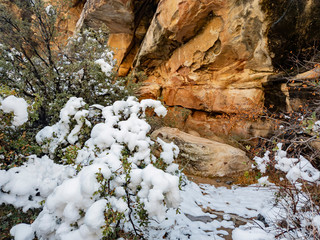 Fototapeta na wymiar Winter snowy landscape of the famous Red Rock Canyon