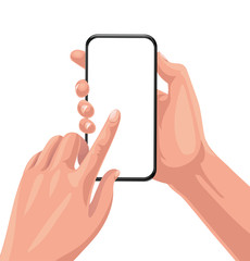 Man hands holding the black smartphone blank screen with modern frameless design. Positions vertical and rotated. Vector illustration isolated on white background.
