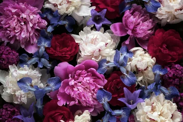 Foto op Plexiglas floral summer background, top view. garden flowers: peonies and roses, iris and carnation. © MaskaRad