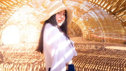 Asian women with flower fields, Thai tourists with flower fields, taking pictures with flowers.
