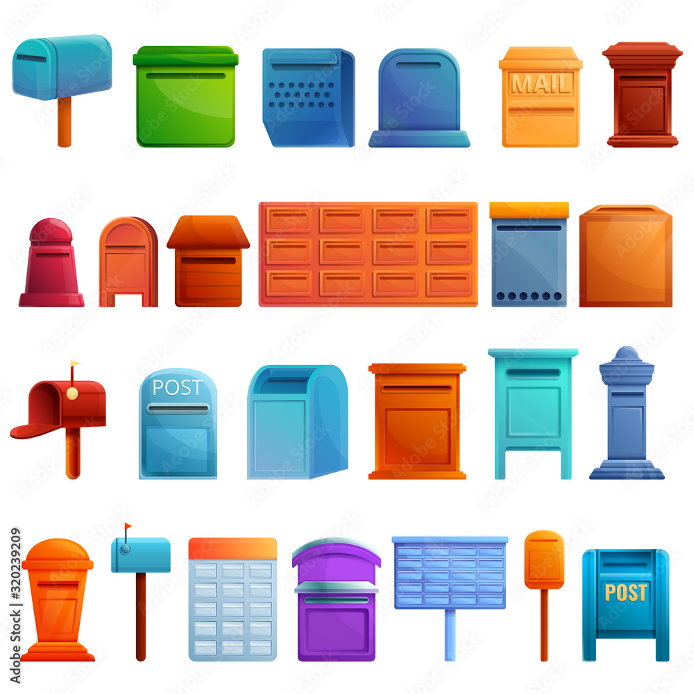 Poster mailbox icons set. cartoon set of mailbox vector icons for web design