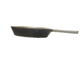 Old small aluminum alloy frying pan with handle isolated on a white background.