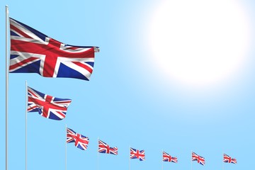 cute feast flag 3d illustration. - many United Kingdom (UK) flags placed diagonal on blue sky with space for your text