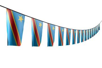 cute many Democratic Republic of Congo flags or banners hanging diagonal with perspective view on string isolated on white - any feast flag 3d illustration..