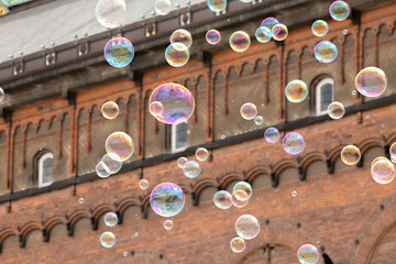 Soap bubbles on the background of a historic building. Copenhagen, Denmark