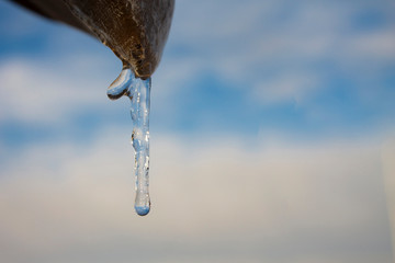 Fototapeta na wymiar Tiny clear icicle with waterdrop on cloudy sky background