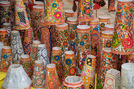 Vibrant, colorful lampshades for sale at the Surajkund Crafts Mela in Faridabad India