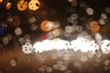 Abstract blurred city background. Blurry bokeh lights, street lights and car headlights