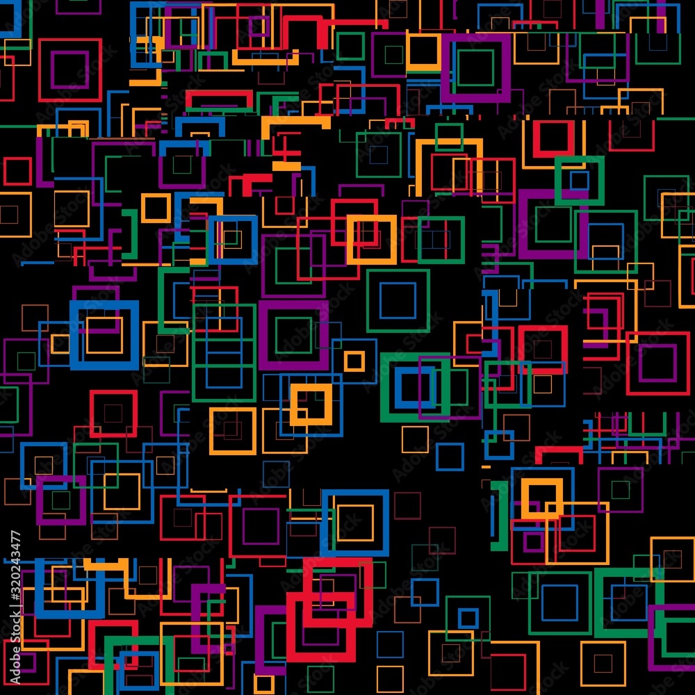 Poster abstract pop art background with texture of multi-colored squares of different sizes on black