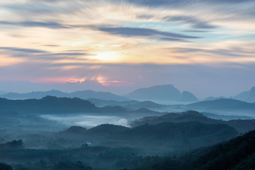 Fototapeta na wymiar Mountain Landscape at sunrise, with view of palm and rubber plantations, Relaxing mood, Southern of Thailand