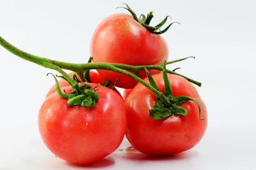 A bunch of fresh tomatoes on a white background