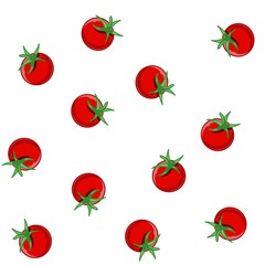 Seamless Pattern with Fresh Red Tomato Vegetable isolated on white background. Organic Food. Cartoon Flat Style. Vector illustration for Your Design, Web, Wrapping Paper, Fabric, Wallpaper.