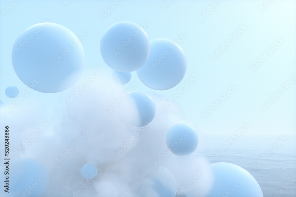 Poster balls and clouds floating on the lake,peaceful scene,3d rendering.