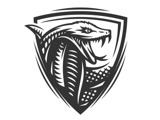 Vector head of a snake, king cobra in the form of a shield illustration, logotype, print, emblem design on a white background.