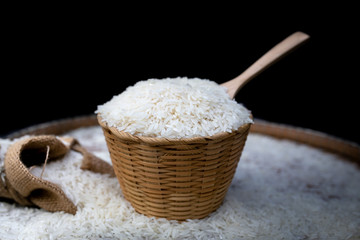 White rice on wooden basket