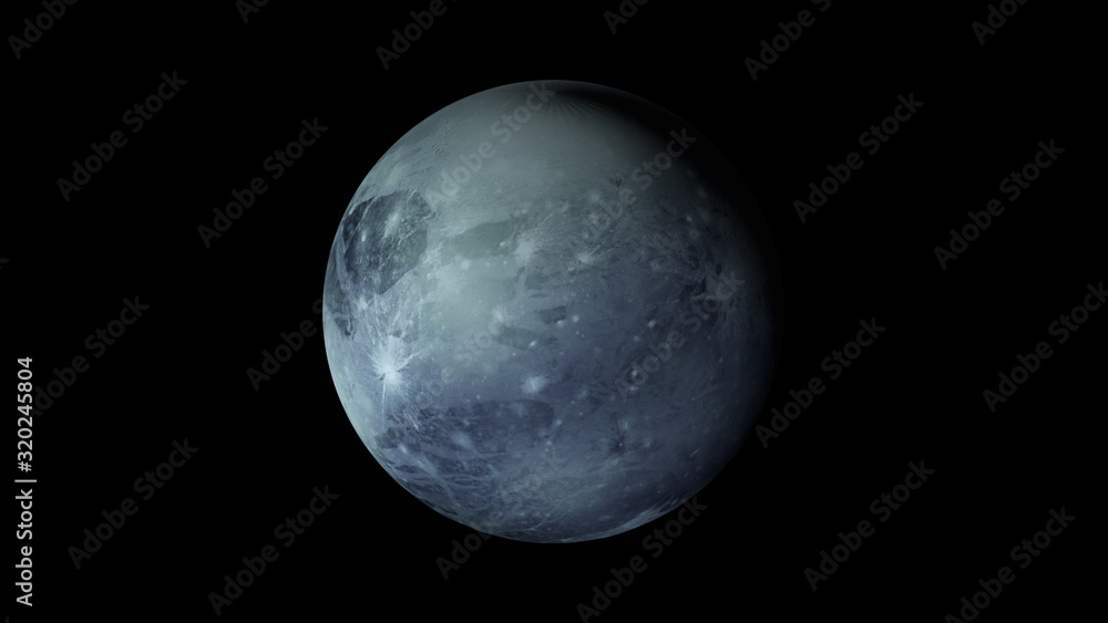 Poster computer generated rotation of the planet pluto in cosmic stellar space. 3d rendering of an abstract