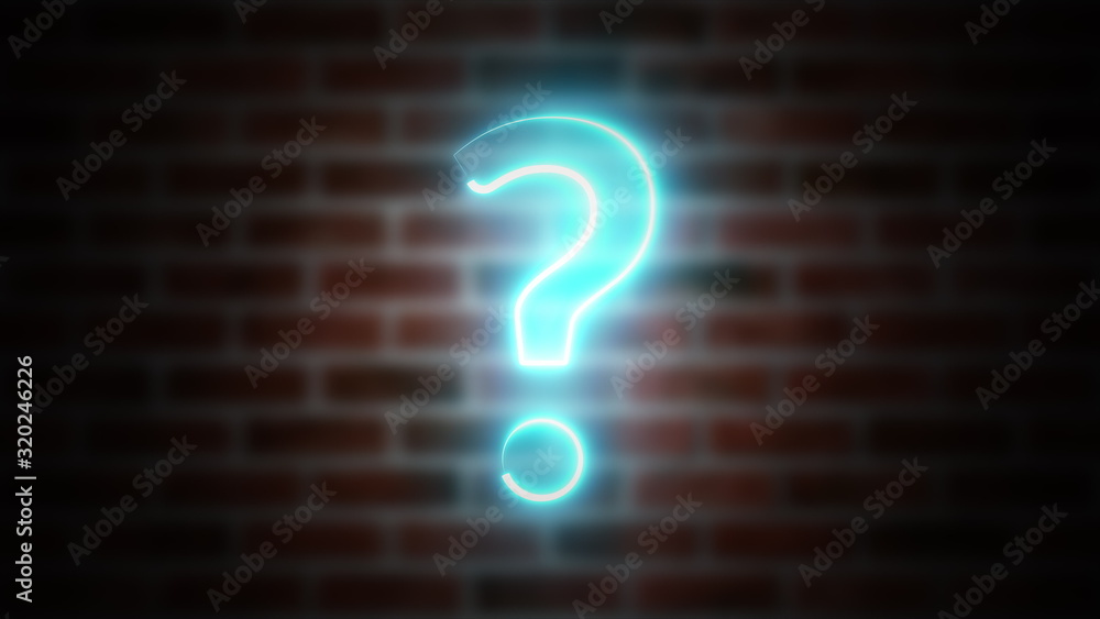 Poster question mark neon sign on a backdrop of brickwork, computer generated. 3d rendering of wireframe sy